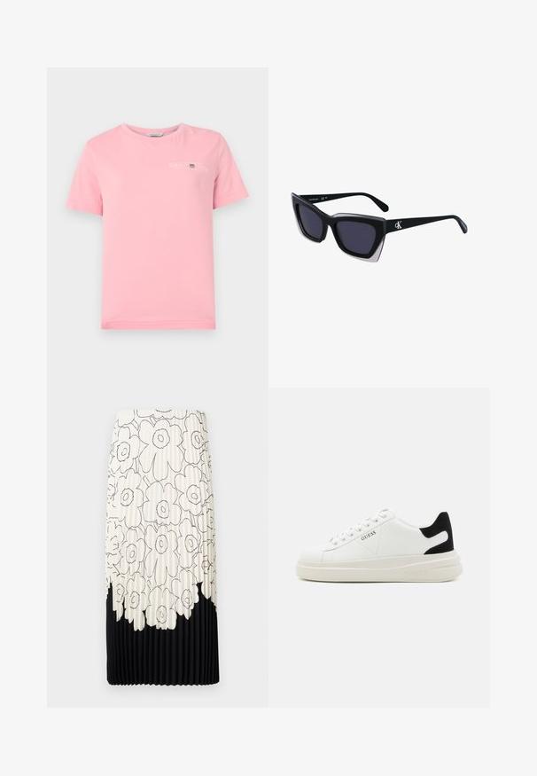 Roze katoenen T-shirt met een ronde hals, korte mouwen en een wit logo op de borst. Gladde textuur met een rechte zoom.; Geplooide rok met een bloemenpatroon in zwart-wit, met een licht bovenste gedeelte met bloemen en een effen zwarte onderrand.; Witte leren sneakers met een dikke witte zool, zwarte suède hielaccent en een geperst logo op de zijkant. Vetersluiting met zes oogjes.; Zwarte oversized zonnebril met een geometrische vorm, voorzien van donkere glazen en een contrasterend grijs detail op het montuur. Logo op de arm.