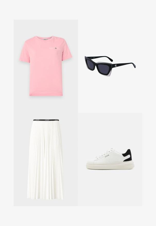 Rosa Baumwoll-T-Shirt mit rundem Ausschnitt, kurzen Ärmeln und einem weißen Logo auf der Brust. Glatte Textur mit geradem Saum.; Faltenrock aus Weiß mit einem schwarzen elastischen Bund, der das "LACOSTE"-Logo trägt. Mittellanges Design mit weicher Textur.; Weiße Leder-Sneaker mit einer dicken weißen Sohle, schwarzem Wildlederakzent an der Ferse und geprägtem Logo an der Seite. Schnürdesign mit sechs Ösen.; Schwarze übergroße Sonnenbrille mit geometrischer Form, ausgestattet mit dunklen Gläsern und einem kontrastierenden grauen Detail im Rahmen. Logo am Bügel.