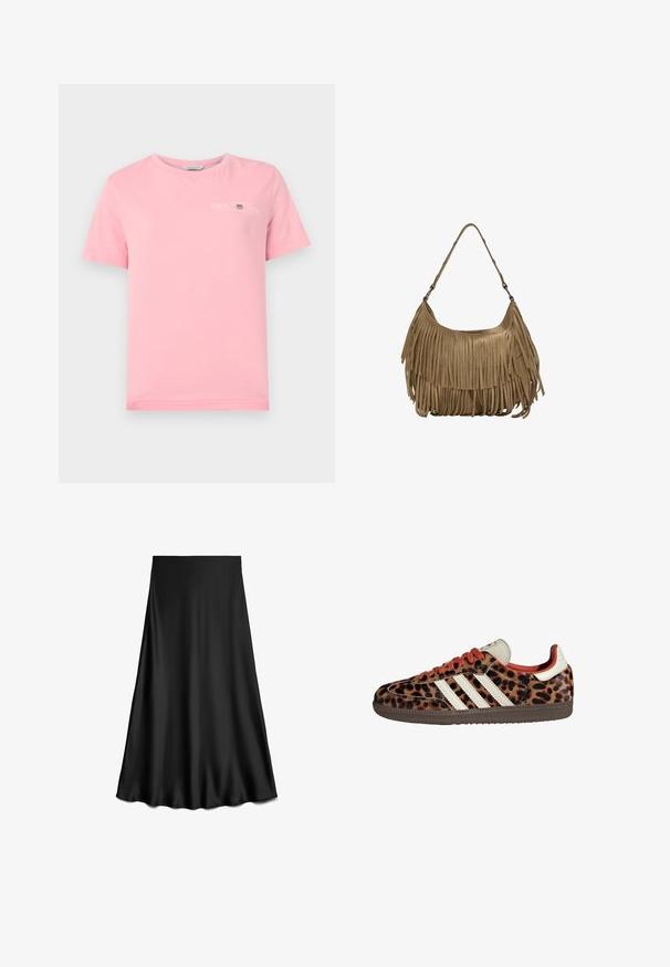 Ružičasta pamučna majica s okruglim izrezom, kratkim rukavima i bijelim logom na prsima. Glatka tekstura s ravnim rubom.; Crna satenska suknja u A-kroju s glatkom teksturom, dužine do koljena, sa jednostavnim, čistim dizajnom bez ukrasa ili uzoraka.; Tenisice s uzorkom leoparda izrađene od suede materijala, s crvenim vezicama i tri bijele pruge sa strane. Imaju kremasto-bijeli jezik i smeđu potplat.; Smešena smeđa suđena torba s dugim resicama, zakrivljenim oblikom i jednim remenom za rame. Ima glatku, teksturiranu površinu.