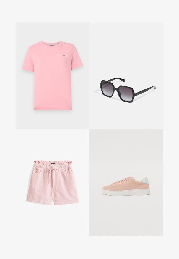 Rožinė medvilninė marškinėliai su apvaliu iškirpimu, trumpomis rankovėmis ir baltu logotipu ant krūtinės. Lygi tekstūra su tiesia apatine briauna.; Rožiniai dryžuoti šortai, pagaminti iš lengvos medžiagos, su elastinga juosmens juosta ir raišteliu bei dviem šoninėmis kišenėmis.; Šviesiai rožiniai zomšiniai sportbačiai su balta guma apatinėje dalyje, su apvaliu pirštu ir baltu kulno akcentu. Yra plokščios raišteliai ir minimalus prekės ženklas šone.; Juodos šešiakampės saulės akinių su gradientiniais lęšiais, turinčių blizgų paviršių ir subtilų prekės ženklą ant šventyklos. Patvari plastikinė konstrukcija.