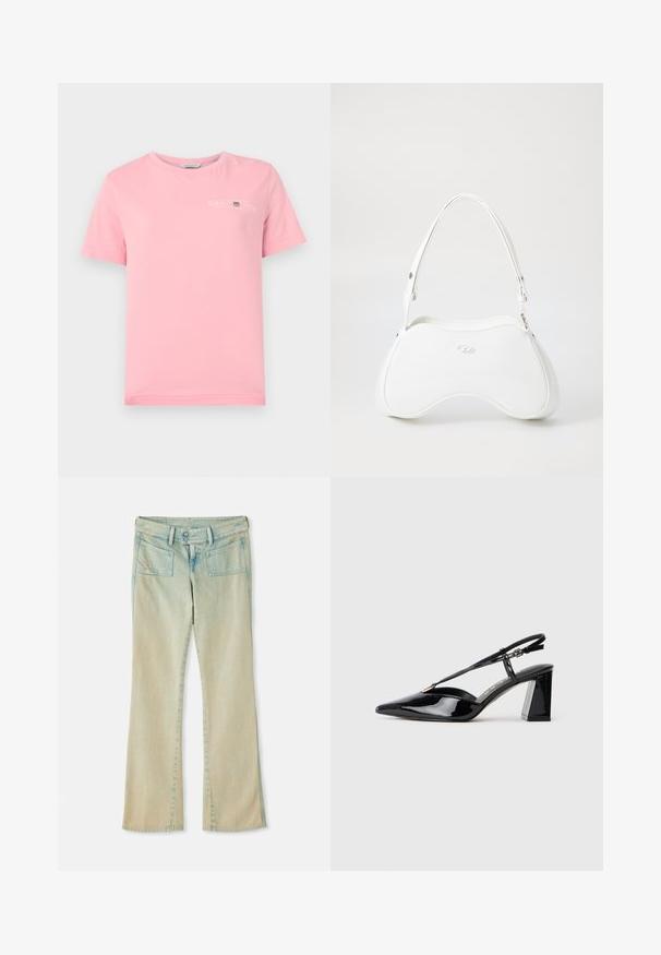 Roza bombažna majica s krožnim izrezom, kratkimi rokavi in belim logotipom na prsih. Gladka tekstura s pravim robom.; Svetlo modri kavbojki z razširjenim robom in izrabljenim zaključkom, opremljeni z zankami za pas, dvema sprednjima žepoma in dvema zadnjima žepoma z dekorativnimi šivi.; Črne lakirane slingback visoke pete z ostrim nosom, nastavljivim trakcem in debelim pravokotnim peto.; Bela torbica z gladko, sijajno površino, ukrivljeno obliko in enim nastavljivim trakom. Ima logotip vtisnjen spredaj.