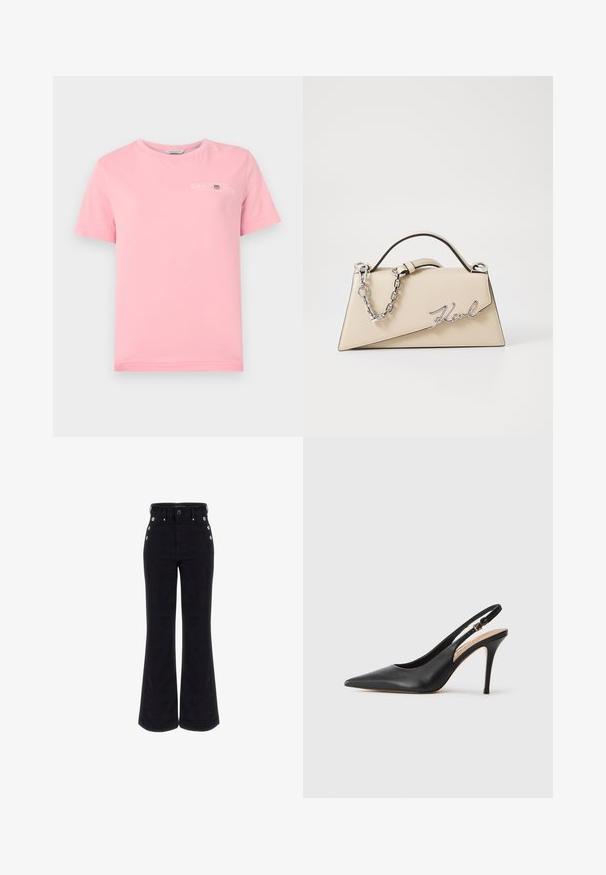 Tricou din bumbac roz cu guler rotund, mâneci scurte și un logo alb pe piept. Textură netedă cu tiv drept.; Blugi negri evazați dintr-un amestec de bumbac, cu talie înaltă, detalii cu butoane pe laterale și o textură netedă. Siluetă clasică și design versatil.; Pantofii cu toc înalt din piele neagră, cu vârf ascuțit, textură netedă și o curea delicată cu o cataramă metalică.; Geantă din piele bej, cu o formă structurată, triangulară, având un mâner din lanț argintiu și un logo cursiv din metal.
