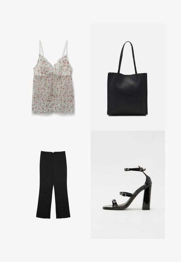 Intimissimi FLORAL - Top - print; Schwarze Hose mit geradem Schnitt, ausgestattet mit Fronttaschen und Seitenschlitzen am Saum. Hergestellt aus weichem, glattem Stoff. Geeignet für verschiedene Anlässe.; Schwarze Lackleder-Sandalen mit hohen Absätzen, zwei Riemen mit Schnallen, quadratischer Zehenpartie und klobigem Blockabsatz, mit einer glatten, glänzenden Textur.; Schwarze Laptoptasche aus Leder mit glatter Textur, rechteckiger Form und zwei langen Griffen. Keine sichtbaren Beschläge oder Verzierungen.