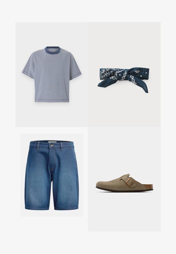 Blau-weiß gestreiftes T-Shirt mit kurzen Ärmeln, Rundhalsausschnitt und lockerer Passform, aus weichem, leichtem Stoff gefertigt.; Jeansshorts mit einer dunkelblauen Waschung, klassischem Fünf-Taschen-Design, Reißverschluss mit Knopfverschluss und kontrastierenden Nähten.; Braune Clogs mit einer glatten, matten Oberfläche. Besitzt eine auffällige bronzefarbene Schnalle an der Seite. Korkfußbett und Gummisohle für Komfort.; Marineblaue Seidenschal mit weißen Blumen- und Punktmustern, zu einer Schleife gebunden mit zwei langen Enden für vielseitige Stylingmöglichkeiten.