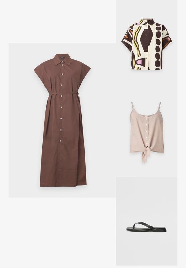 Gestreepte mouwloze top in crèmekleurige en perzikkleurige tinten, met een knoopsluiting aan de voorkant en een knoopdetail aan de onderrand. Lichte stof met een ontspannen pasvorm.; Korte mouwen, overhemd met kraag van katoen, met een geometrisch patroon in bruin, crème, roze en groen, voorzien van zwarte knopen.; Bruine button-up jurk met een kraag, korte mouwen, een strikriem in de taille en een lange, vloeiende snit. Gladde katoenstof.; Zwarte teenflip-flop van glad leer, met een dunne band en een platte zool met een minimalistisch profiel. Geen opvallende patronen of accenten.; Witte leren handtas met een doorgetrokken creme geweven stof aan de onderkant. Voorzien van een gouden handvat en een opgerolde witte schouderband voor veelzijdigheid.