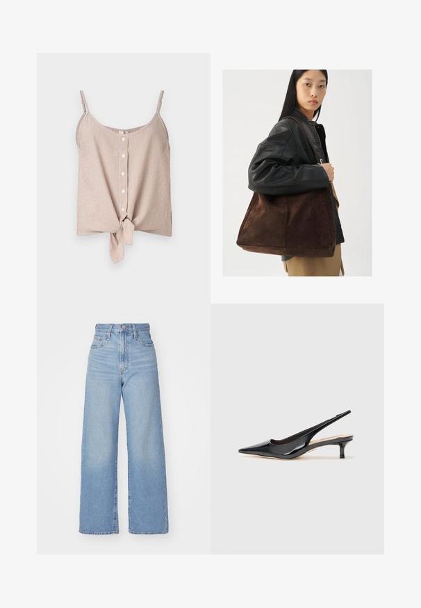 Črtasta brezrokavnik v krem in breskvinastih odtenkih, z gumbom spredaj in vozličkom na robu. Lahka tkanina s sproščenim krojem.; Svetlo modri visokorasli široki traper hlače z sprednjim gumbom in zadrgo, sprednjimi in zadnjimi žepi, na belem ozadju.; Črne lakaste slingback petke s koničastim prstom in vitkim srednje visokim petam. Gladka tekstura z minimalističnimi oblikovalskimi elementi.; Rjava semiš torba oblikovana širše in z mehkimi površinami, opremljena z enim ročajem in minimalnim okrasjem na nevtralnem ozadju.