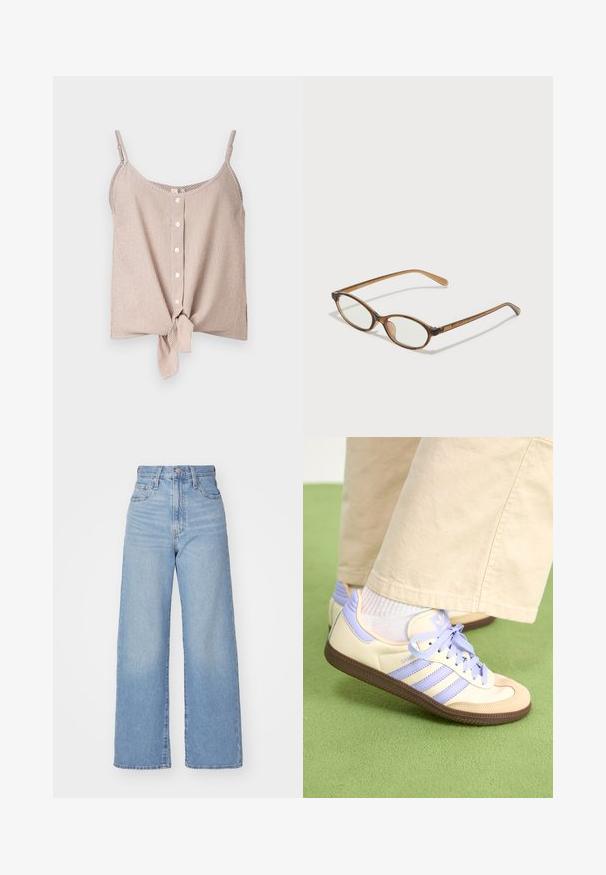 Stribet ærmeløs top i crème- og ferskentoner, med knaplukning foran og en knude detalje nederst. Letvægtsstof med en afslappet pasform.; Lyseblå højtaljede bukser med bred benåbning, med frontknap og lynlås, samt for- og baglommer, på en hvid baggrund.; Creme og lavendel sneakers med tre striber og en tekstureret brun sål, der har snørebånd og en polstret hæl. Blødt stof øvre.; Brune skildpaddemønstrede briller med ovale linser, tynde arme og gennemsigtige accenter. Har et diskret logo på stangen. Slankt, let design.