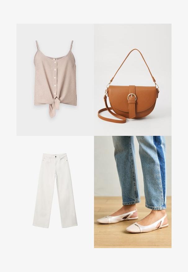 Bluzka bez rękawów w paski w kremowych i brzoskwiniowych odcieniach, z przodem zapinanym na guziki oraz detalem w postaci supła na dole. Lekka tkanina o luźnym kroju.; Białe dżinsy o szerokiej nogawce, wykonane z denimu, z wysokim stanem, pięcioma kieszeniami i metalowym zapięciem. Gładka tekstura, bez wzorów.; Jasnoróżowe baleriny na odkrytej pięcie z wąskim noskiem, wykonane z gładkiego materiału imitującego skórę. Posiadają wycięcia po bokach oraz płaski obcas.; Brązowa skórzana torba na ramię o zaokrąglonym kształcie, ze złotymi akcentami i zapięciem w formie klamry. Posiada odpinany pasek na ramię.