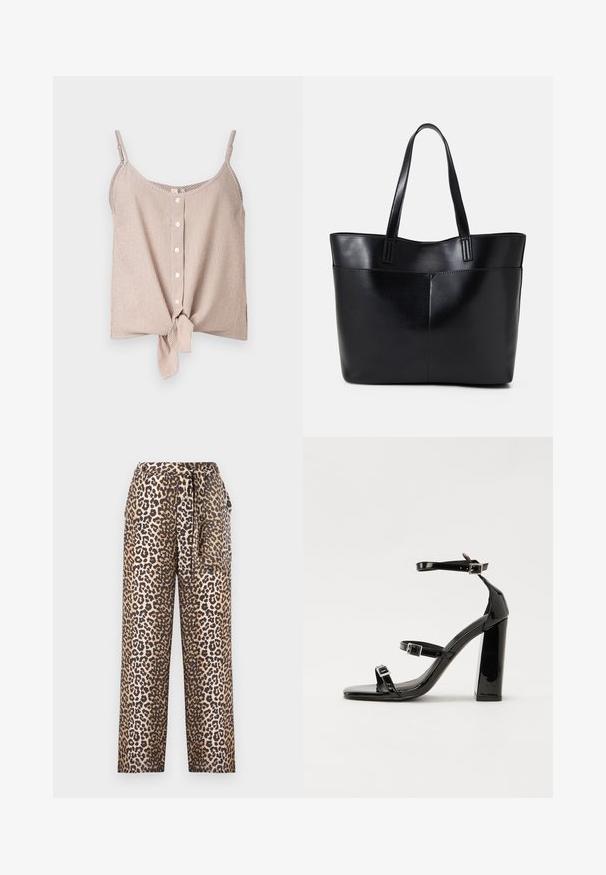 Top sin mangas a rayas en tonos crema y melocotón, con botones en la parte delantera y un detalle de nudo en el dobladillo. Tela ligera con un diseño relajado.; Pantalones de pierna ancha con estampado de leopardo en una tela suave, que cuentan con un detalle de cintura anudada y una textura suave. La paleta de colores incluye tonos beige y negro.; Sandalias de tacón de charol negro con punta cuadrada, correas en el tobillo y hebillas plateadas. Presentan un tacón grueso para mayor estabilidad.; Bolso tote de cuero negro con dos asas largas, textura suave y forma estructurada. Cuenta con un bolsillo frontal para almacenamiento adicional.
