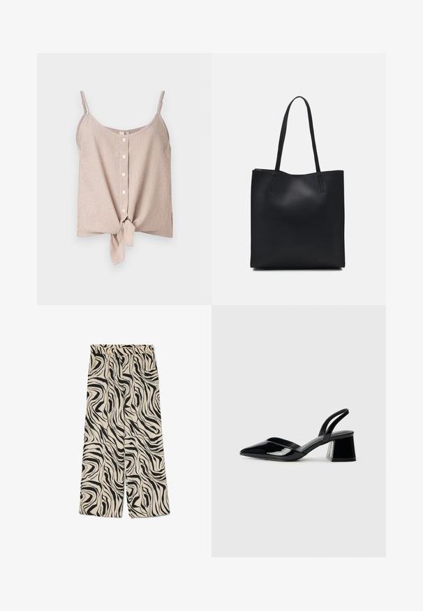 Haut sans manches à rayures dans des tons crème et pêche, présentant un devant boutonné et un détail en noue à l'ourlet. Tissu léger avec une coupe décontractée.; Pantalons évasés sur fond crème avec un audacieux motif abstrait de zèbre noir. Ils sont dotés d'une taille élastique et d'une texture lisse.; Escarpins en cuir verni noir avec bout pointu et talon bloc géométrique. Présente un design élégant et minimaliste ainsi qu'une texture lisse.; Sac fourre-tout en cuir noir avec une texture lisse, de forme rectangulaire et deux longues poignées. Pas de matériel ou d'ornementations visibles.