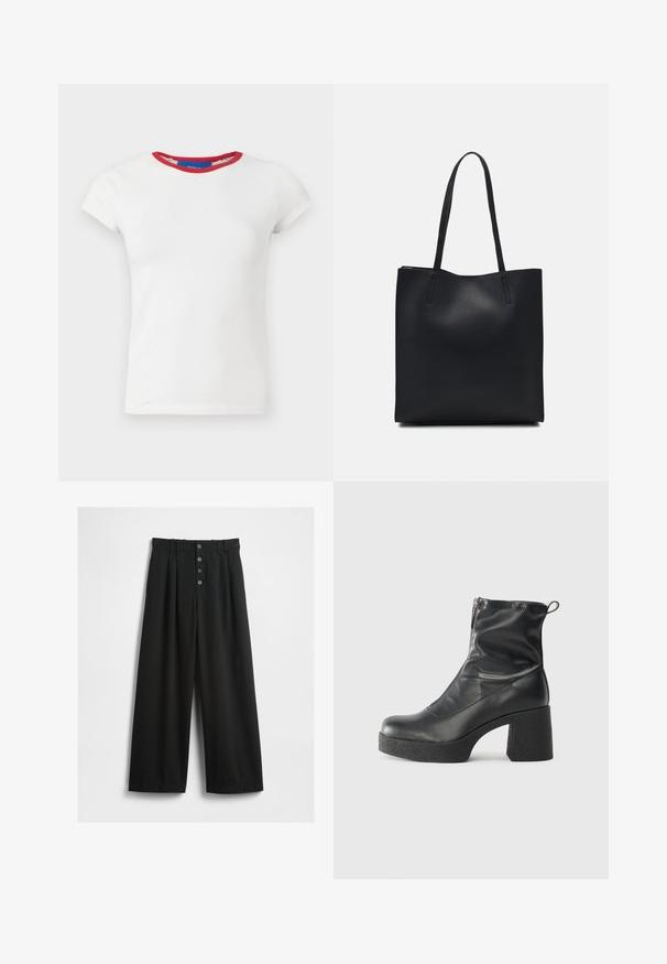 T-shirt branca com mangas curtas e um decote canelado vermelho. Tecido de algodão suave, design justo e bainha reta.; Calças largas pretas feitas de um tecido texturizado. Apresenta uma cintura alta, fecho frontal com cinco botões e pregas vincadas para um detalhe adicional.; Botas de tornozelo pretas feitas de couro liso, com fecho lateral, salto grosso texturizado e design de bico arredondado.; Bolsa tote preta em couro com textura lisa, forma retangular e duas alças longas. Sem hardware ou enfeites visíveis.