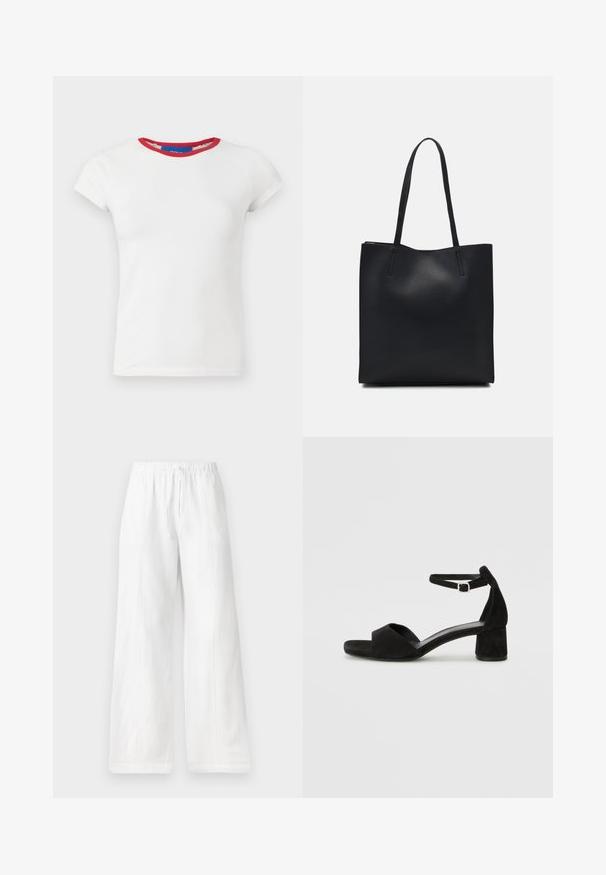 White t-shirt with short sleeves and a red ribbed neckline. Soft cotton fabric, fitted design, and a straight hemline.; White linen wide-leg pants with an elastic waistband and drawstring, featuring side seams and a smooth texture. No pockets.; Black suede heeled sandals with a thin ankle strap, open toe design, and a modest block heel. Smooth texture and minimal accents.; Black leather tote bag with smooth texture, rectangular shape, and two long handles. No visible hardware or embellishments.