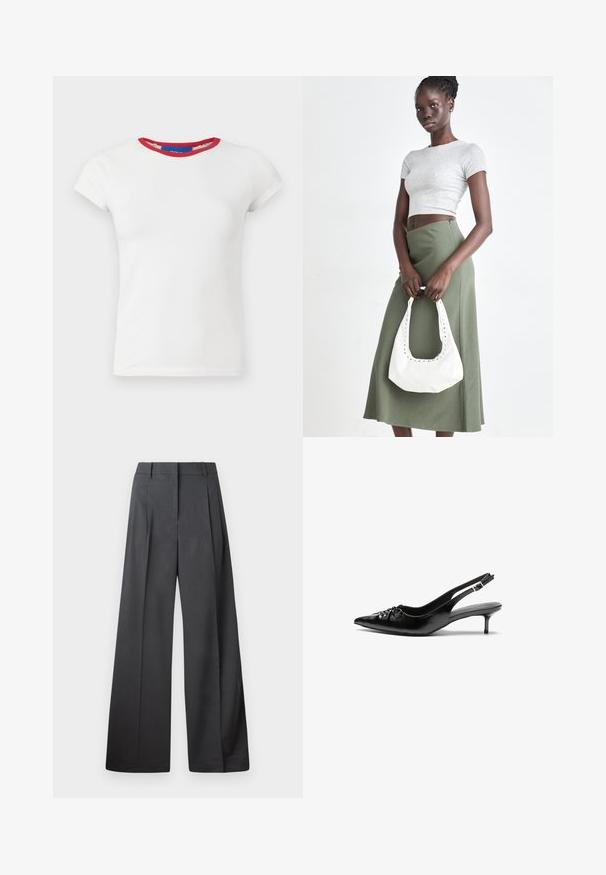 Fehér, rövid ujjú póló piros bordás nyakkivágással. Puha pamut anyag, testhez álló fazon, és egyenes szegély.; Széles szárú nadrág sötétszürke anyagból, magas derekú, egyes redőkkel, sima textúrával és tiszta befejezéssel a szegélyeken.; Fekete bőrből készült slingback magassarkú cipők hegyes orral, kis francia sarokkal és díszes csomóval az elején. Az egész felületen sima textúra.; Szürke bordázott cropped top és olajzöld, magas derékú szoknya. A modellen egy fehér válltáska van, amely kivágott részletekkel rendelkezik. Egyszerű dizájn, testhezálló sziluett.