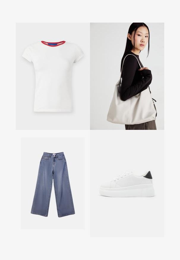 Biała koszulka z krótkimi rękawami i czerwonym, prążkowanym dekoltem. Miękka bawełniana tkanina, dopasowany krój i prosty dół.; Jasnoniebieskie dżinsy o szerokich nogawkach z wysokim stanem, z kieszeniami z przodu oraz zapięciem na guziki i pętelkami na pasek.; Białe sneakersy na platformie wykonane z gładkiego materiału syntetycznego, z zaokrąglonym noskiem, sznurowanym zapięciem i teksturowaną gumową podeszwą. Czarne akcenty na pięcie.; Beżowa torebka wykonana z miękkiego materiału, charakteryzująca się luźnym fasonem, wyszywanymi detalami i dwoma uchwytami na ramię. Idealna na co dzień.
