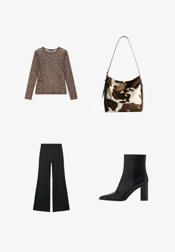 Tunika s leopardím vzorom s dlhým rukávom vyrobená z priesvitného materiálu, so zaobleným výstrihom, kontrastnými červenými švami a voľným strihom.; Čierne široké nohavice s hladkou textúrou, s prednými záhybmi a elegantným strihom. Materiál je ľahký a pruhlý.; Čierna kožená členková čižma s špicatou špičkou, štvorcovým podpätkom, hladkou textúrou a šitými detailmi pozdĺž švov. Výška podpätkov je približne 3,5 palca.; Hnedo-krémová kravská koža cez plece s hladkým koženým remienkom, zipsovým uzáverom a mäkkým, textúrovaným povrchom s prírodným vzorom.