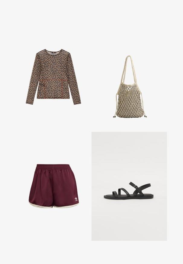 Luipaardprint langemouwtop van doorschijnende stof, met een ronde halslijn, contrasterende rode naden en een relaxte pasvorm.; adidas Originals SPRINTER - Shorts - maroon cream white; Zwarte leren sandalen met drie brede banden over de voet en een verstelbare enkelband. Platte zool met minimale profiel. Eenvoudig ontwerp.; Geweven beige tas met een netachtige ontwerp, voorzien van twee gevlochten handvatten en een trekkoordsluiting,accent met donkere kralen details.