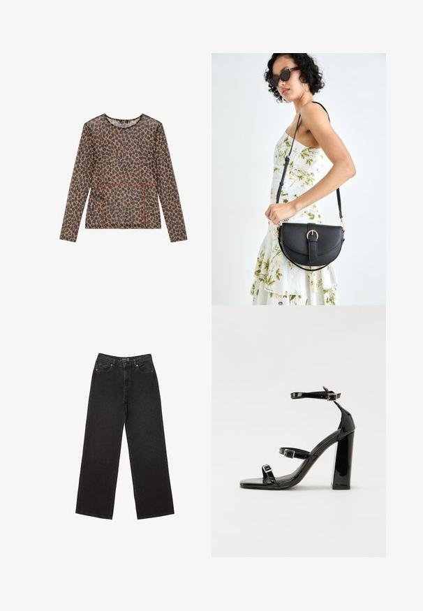 Bluza iz prozorne tkanine s leopardjim vzorcem, dolgimi rokavi, okroglim izrezom, kontrastnimi rdečimi šivi in sproščenim krojem.; Črne široke jeans hlače iz denima, z majhnimi pikčastimi vzorci, klasičnim petim žepom ter z gumbom in zadrgo za zapiranje.; Črne lakirane sandale s peto, kvadratnim prstom, trakovi okrog gležnja in srebrnimi zaponkami. Opremljene so s stabilno Debelo peto.; Črna usnjena torbica s ukrivljeno obliko, z odstranljivo naramnico in zlatimi dodatki. Torbica ima pokrov s podrobnostmi v obliki zaponke.