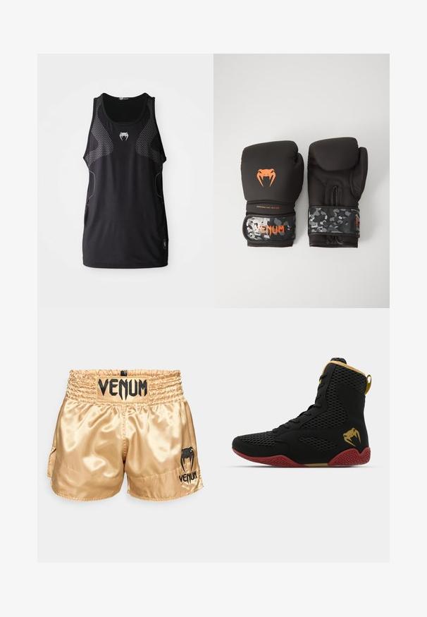 Sort atletisk tanktop med rund halsudskæring, mesh sidepaneler og et reflekterende logo i centrum. Glat, letvægtsstof.; Gyldne satin bokse-shorts med sort "VENUM" logo på taljehøjden og siden, med en glat tekstur og elastisk talje for komfort.; Høj-top atletisk sko med sort mesh og syntetisk materiale, teksturerede accenter, rød gummisole og gulddetaljer ved anklen.; Sorte boksehandsker med mat finish og ergonomisk design. Orange logodetaljer og håndledsstropper med camouflage-mønster.