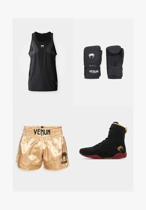 Čierny športový nátelník s okrúhlym výstrihom, sieťovinovými bočnými panelmi a reflexným logom v strede. Hladká, ľahká tkanina.; Zlaté saténové boxerské šortky s čiernym logom "VENUM" na páse a po stranách, s hladkou textúrou a elastickým pásom pre pohodlie.; Vysoké športové topánky s čiernou sieťovinou a syntetickým materiálom, textúrované akcenty, červená gumová podrážka a zlaté detaily na členku.; Čierne boxerské rukavice so hladkým povrchom, s bielym logom Venom a nastaviteľným strapom na suchý zips pre zabezpečené uchytenie.