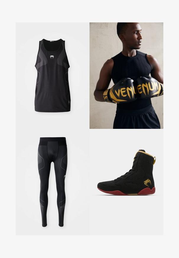 Svart atletisk treningstopp med rund hals, nettingpaneler på sidene og et reflekterende logo i midten. Glatt, lett stoff.; Svarte trenings leggings laget av elastisk materiale, med bred midjebånd, mesh paneler og reflekterende detaljer langs sidene.; Høy topp idrettssko med svart mesh og syntetisk materiale, teksturerte detaljer, rød gummisåle og gullfarge på ankelen.; Sorte boksehansker med gullakenter og "VENUM" merke. Atleten har på seg en ermeløs svart topp som fremhever en muskuløs fysikk.