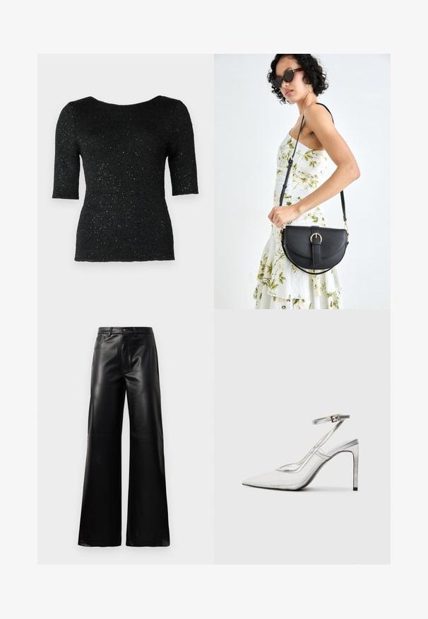Black knitted top with short sleeves, featuring a textured surface and scattered metallic threads for subtle shine. Classic round neckline.; Black high-waist wide-leg faux leather pants with front button, zip closure, belt loops, and side pockets on white background.; Clear stiletto heel shoe with a pointed toe, transparent material, metallic silver accents, and adjustable ankle strap.; Black leather handbag with a curved shape, detachable strap, and gold hardware. The bag features a flap with a buckle detail.