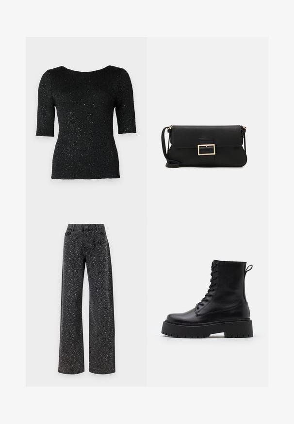 Czarny dzianinowy top z krótkim rękawem, z fakturowaną powierzchnią i rozproszonymi metalicznymi nitkami, które nadają subtelny blask. Klasyczny okrągły dekolt.; Noisy May NMJANNEL czarny denim; Czarne skórzane botki za kostkę z okrągłym noskiem, sznurówką z przodu i grubą gumową podeszwą z teksturowanym bieżnikiem. Pętelka do zakładania z tyłu.; Czarna skórzana torebka kopertowa z klapką i detalem w postaci złotej metalowej klamry. Zawiera czarny pasek oraz elegancki, minimalistyczny design.; Srebrne kolczyki w formie obręczy o minimalistycznym designie. Okrągły kształt, gładka faktura i cienki profil. Lekkie, z polerowanym wykończeniem.