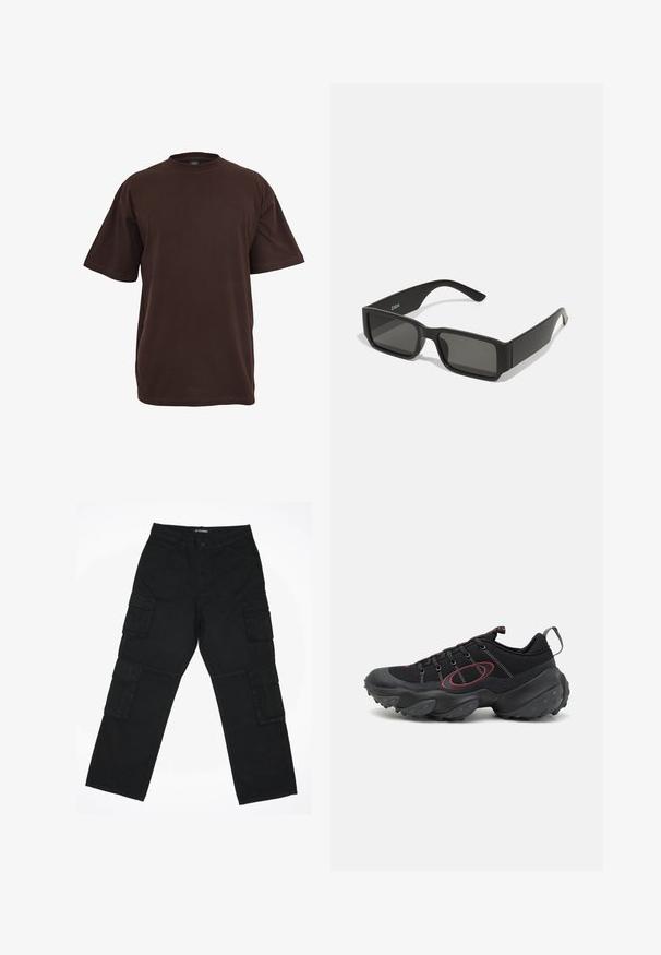 Hnědé bavlněné tričko s krátkým rukávem, kulatým výstřihem a uvolněným střihem. Hladká textura bez viditelných vzorů nebo akcentů.; Černé cargo kalhoty vyrobené z bavlněné tkaniny. Mají několik bočních kapes, rovný střih nohavic a zapínání na knoflík v pase.; Černé sportovní boty s texturovaným síťovaným svrškem, kontrastními červenými akcenty a robustní gumovou podešví s zaoblenými gripy.; Černé sluneční brýle s obdélníkovými čočkami, matný plastový rám a rovné okraje. Obsahují logo značky na vnitřní straně ramena.