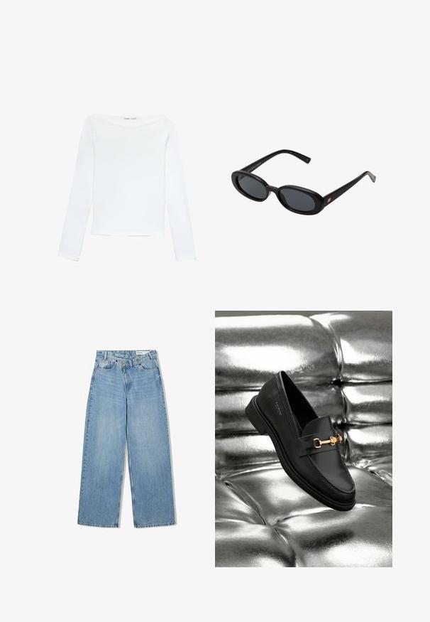 White long-sleeve boat neck shirt with a slim fit and smooth texture, laid flat on a white background.; Light blue wide-leg jeans made of denim, featuring a high waist, five pockets, button closure, and subtle fading for texture.; Black leather loafer with a gold-tone hardware detail. The shoe features a sleek design and a smooth, shiny texture.; Black oversized sunglasses with oval lenses, smooth plastic frame, and gold accents on temple. Dark lenses provide sun protection.; Black leather handbag with braided handles, zipper pocket, and hanging tassels. Textured surface with metal studs and hardware accents.