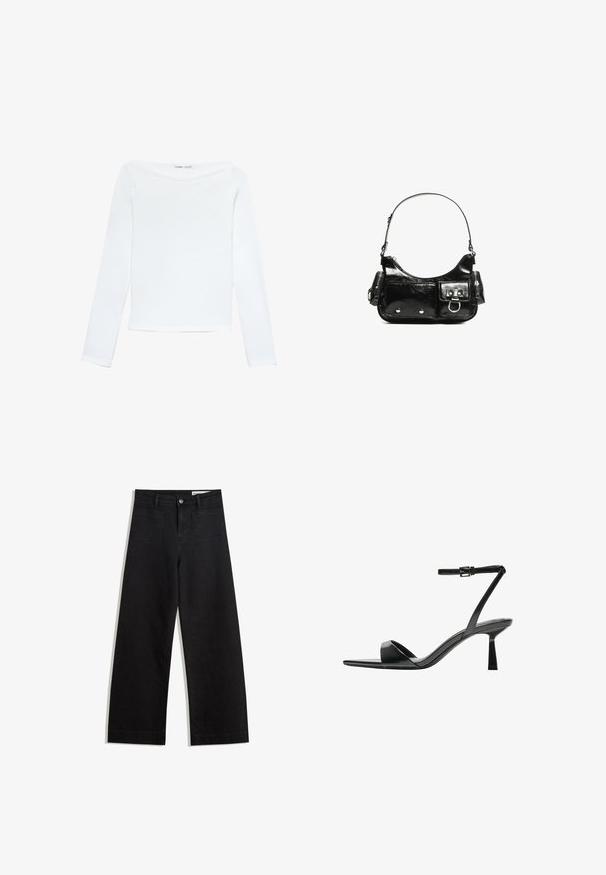 White long-sleeve boat neck shirt with a slim fit and smooth texture, laid flat on a white background.; Black wide-leg denim pants with a high waist, featuring front and back pockets, stitched seams, and a button closure. Smooth texture.; Bershka High heeled sandals - black; Black patent leather handbag with a curved shape, one shoulder strap, front pockets, and silver-tone hardware accents.
