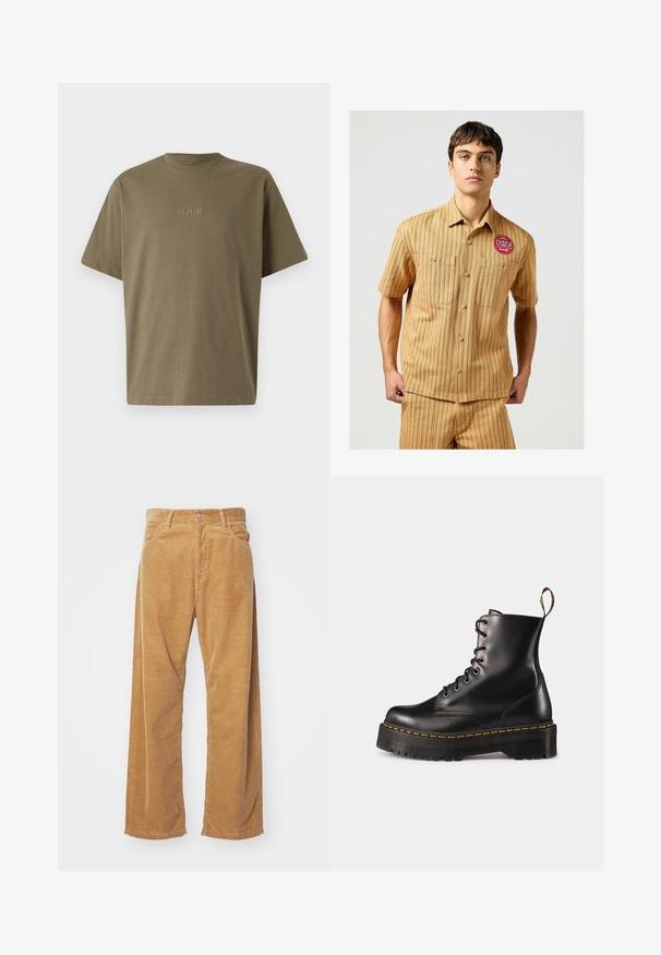Oliivinvihreä T-paita, pyöreä pääntie, lyhyet hihat, valmistettu pehmeästä kankaasta. Edessä on kauniisti brodeerattu "REPLAY" samansävyisellä värillä.; Lyhythihainen nappipaita vaaleanruskeasta kankaasta vihreillä pystysuorilla raidoilla ja kahdella rintataskulla. Sisältää punaisen pyöreän logotarran.; Saham wide-leg dalam warna coklat muda. Fitur tekstur garis vertikal, dengan pinggang standar dan dua saku depan.; Mustat nahkasaappaat, joissa on nyöritys nilkkoihin asti, paksu musta pohja ja keltaset ompeleet. Takana vetotappi ja pyöreät metalliset silmukat.