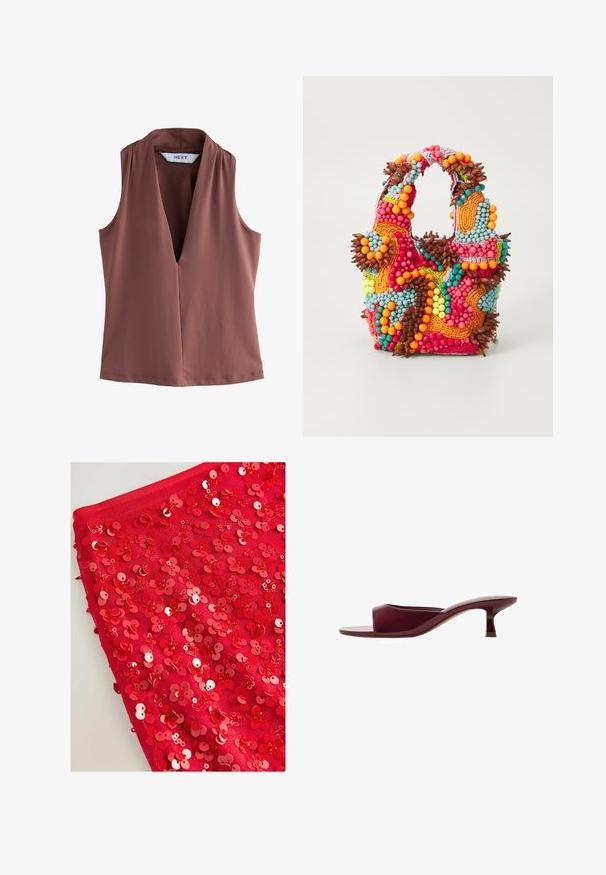 Sleevless top in a terracotta color, featuring a deep V-neckline and soft, smooth fabric with minimal stitching details.; Red fabric covered in shiny red sequins shaped like flowers, featuring varying sizes and textures, creating a layered, textured appearance.; M burgundy open-toe slide sandal featuring a glossy finish, a low kitten heel, and a minimalist design with a smooth, curved shape.; Beaded handbag featuring vibrant colors: pink, orange, blue, and brown. Textured surface with circular beads and organic shapes, sturdy handles.