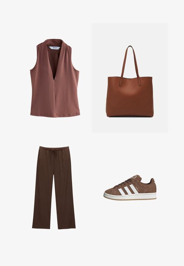 Sleevless top in a terracotta color, featuring a deep V-neckline and soft, smooth fabric with minimal stitching details.; Brown wide-leg pants made from soft fabric, featuring an elastic waistband with a drawstring and two side pockets.; Brown suede sneakers with white leather stripes, rubber sole, rounded toe, and lace-up front. Features a logo on the tongue and perforated accents.; Brown leather tote bag with a smooth texture, open top design, and two shoulder straps. Features minimal stitching and no visible hardware.