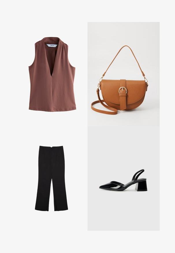 Top senza maniche di colore terracotta, con una profonda scollatura a V e un tessuto morbido e liscio con dettagli di cucitura minimi.; Pantaloni neri a gamba dritta, con tasche frontali e spacchi laterali all'orlo. Realizzati in tessuto morbido e liscio. Adatti a diverse occasioni.; Décolleté in vernice nera con punta affusolata e tacco in geometria cubica. Presentano un design elegante e minimalista, con una texture liscia.; Borsa a tracolla in pelle marrone con forma curvata, hardware dorato e un dettaglio con fibbia. Presenta una tracolla rimovibile.