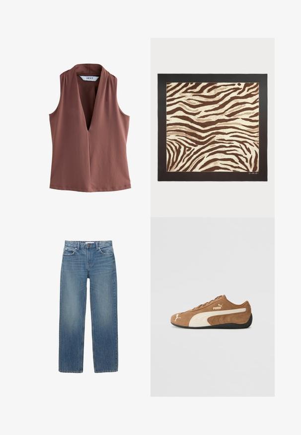 Hihaton toppi terrakotta värissä, jossa on syvä V-pääntie ja pehmeä, sileä kangas, jossa on minimaalinen sauman yksityiskohtia.; Vaaleansiniset farkut suoran leikkauksen, viiden taskun ja kuparinväristen yksityiskohtien kanssa. Kankaassa on hieman haalistumista ja sileä pinta.; Ruskean nahkaiset alhaiset tennarit, joissa on kerma valkoisia yksityiskohtia, teksturoitu pinta, musta kumipohja ja brodeerattu logo sivulla ja kielessä.; Ruskea ja kerma zebra-kuosisuoja, jossa on teksturoitu pinta, kehystetty mustalla reunuksella. Suunnittelussa on aaltoilevia, orgaanisia viivoja.