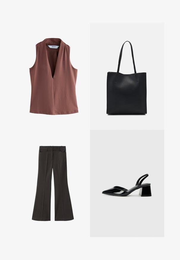 Top senza maniche di colore terracotta, con una profonda scollatura a V e un tessuto morbido e liscio con dettagli di cucitura minimi.; Pantaloni neri a zampa d'elefante con vita alta; presentano due tasche frontali e una texture del tessuto liscia. Adatti per varie occasioni.; Décolleté in vernice nera con punta affusolata e tacco in geometria cubica. Presentano un design elegante e minimalista, con una texture liscia.; Borsa tote in pelle nera con texture liscia, forma rettangolare e due manici lunghi. Nessun hardware o decorazione visibile.