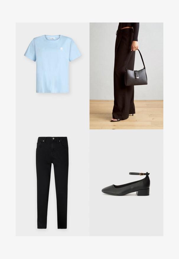 T-shirt in cotone azzurro chiaro con collo rotondo, maniche corte e una piccola grafica bianca sul petto a sinistra. Tessuto liscio, vestibilità comoda.; Jeans neri in denim con vestibilità slim, dotati di chiusura con bottone frontale, passanti per cintura e classico design a cinque tasche. Texture liscia.; Pump in pelle nera con punta affusolata e tacco basso a blocco. Presenta una cinghia alla caviglia con una fibbia in tonalità oro. Texture liscia.; Borsa nera con forma strutturata, texture liscia e una chiusura metallica. Abbinata a pantaloni neri larghi e sandali open-toe su un pavimento in legno.
