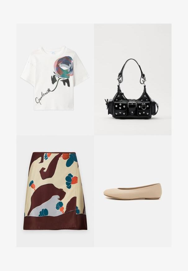 Biała krótka koszulka z kolorową grafiką róży w odcieniach niebieskiego, różowego i zielonego, z napisem "Paul Smith" w kolorze czarnym.; Jedwabna spódnica o beżowym tle z abstrakcyjnymi burgundowymi, turkusowymi i czerwonymi wzorami kwiatowymi; dół wykończony ciemnym burgundem.; Beżowe skórzane baleriny z zaokrąglonym noskiem, minimalnymi szwami, niskim obcasem oraz subtelnym logo z tyłu. Gładka, matowa tekstura.; Czarna skórzana torebka w zakrzywionym kształcie, z srebrnymi ćwiekami, klamrą i dwoma bocznymi kieszeniami. Regulowany pasek umożliwiający różne opcje noszenia.
