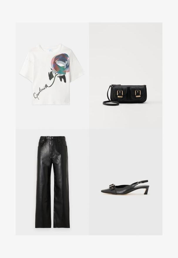 Vit kortärmad t-shirt med en färgglad ros-grafik i nyanser av blått, rosa och grönt, med "Paul Smith" tryckt i svart.; Svarta läderbyxor med vida ben och glansig finish, med framfickor, dragkedja och knappstängning. Mjuk textur över hela.; Svart lädersko med slingback, spetsig tå, liten klack och dekorativ spänndetalj på ovansidan. Slät struktur, minimalistisk design.; Svart läderaxelväska med två framfickor, guldspännen, dragkedjestängning och en smal rem. Texturerad yta och kompakt rektangulär form.