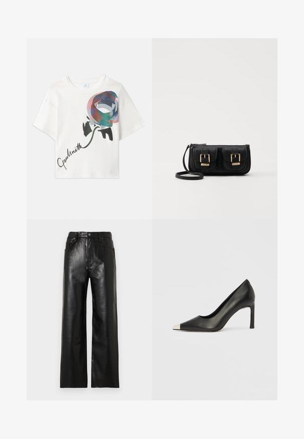 Tricou alb scurt, cu un grafic colorat de trandafir în nuanțe de albastru, roz și verde, având inscripționat "Paul Smith" în negru.; Pantaloni negri din piele cu croială largă, cu finisaj lucios, prevăzuți cu buzunare frontale, fermoar și închidere cu nasture. Textură netedă pe toată suprafața.; Pantof cu toc înalt din piele neagră, cu vârf ascuțit și un capac metalic argintiu. Are un finisaj neted și un toc subțire de 10 cm.; Geantă neagră din piele, tip crossbody, cu două buzunare frontale, catarame aurii, închidere cu fermoar și o curea subțire. Suprafață texturată și formă rectangulară compactă.
