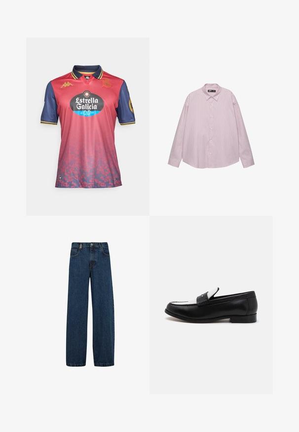 Rode en marineblauwe voetbalshirt met een kraag, voorzien van een gradientontwerp, logo's en een groot zwart sponsorsymbool op de voorkant.; Lichtroze button-up overhemd met verticale blauwe strepen, kraag, lange mouwen en een losse pasvorm. Gemaakt van een soepele stof met een lichte glans.; Denim jeans in donkerblauw, met een wijd beenmodel, vijf zakken en een klassieke knoopsluiting met een metalen rits.; Zwarte lederen loafers met een contrasterend wit leren paneel en stiksels. Voorzien van een gladde afwerking en een lage hak.