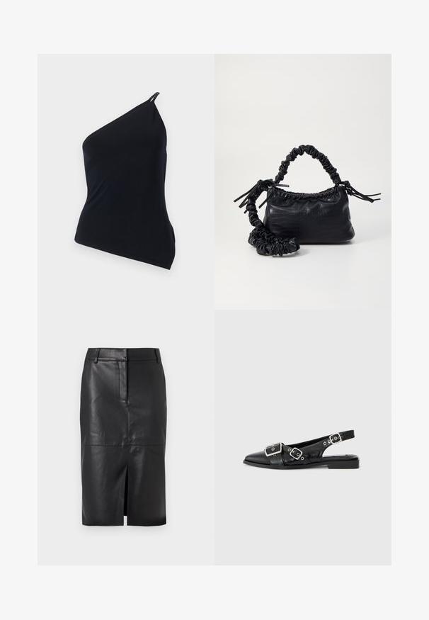 Top nero a spalla sola, realizzato in tessuto morbido. Presenta un taglio diagonale, un design asimmetrico e un accento metallico sulla spalla.; Gonna a matita in pelle nera con uno spacco frontale, caratterizzata da una texture liscia, due tasche laterali e una silhouette aderente.; Scarpa slingback in pelle nera con punta appuntita, due fibbie argentate e tacco basso a blocco. Presenta una tomaia testurizzata e un retro aperto.; Borsa a tracolla in ecopelle nera con texture a coccodrillo, apertura cinchata e tracolla arricciata. Si presenta con un design morbido e compatto.