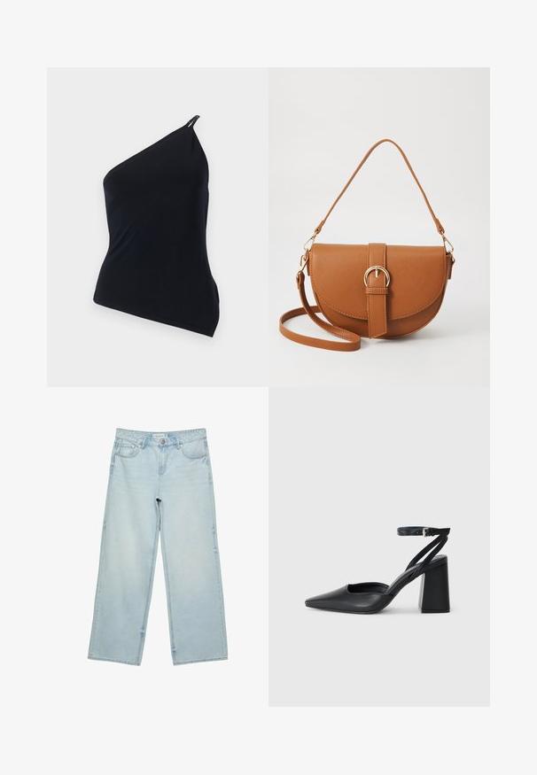 Črna top s počasnim ramenskim trakom, izdelan iz gladkega materiala. Ima diagonalni rez, asimetrično zasnovo in kovinski detalj na rami.; Svetlo modri široki jeans iz denima, z visokim pasom, petimi žepi in rahlim bledenjem. Ravno krojen s obdelanimi robovi.; Črne usnjene klasične čevlje z ostrim nosom, z zaponko za gleženj in debelim peto. Ravna tekstura, eleganten dizajn in minimalistična estetika.; Rjava usnjena torbica prek telesa s ukrivljeno obliko, zlate opreme in sponko. Ima odstranljiv naramni trak.