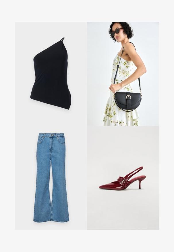 Melna vienas pleca blūze, izgatavota no gludas auduma. Tai ir diogonāla griezuma, asimetriska forma un metāliska detaļa plecā.; Gaiši zili, platā piegriezuma džinsi, kas izgatavoti no denima, ar augstu jostasvietu, piecām kabatām un vienu pogu. Mīksta tekstūra ar nolietotu apdari.; Sarkana lakota ādas kurpju kurpes ar atvērtu papēdi, norādītu purngalu, divām sprādzēm un slaidu, vidēja augstuma stiletu papēdi. Gluda tekstūra.; Melnas ādas rokassoma ar izliekta formu, noņemamu siksnu un zelta aksesuāriem. Somai ir vāciņš ar sprādzes detaļu.