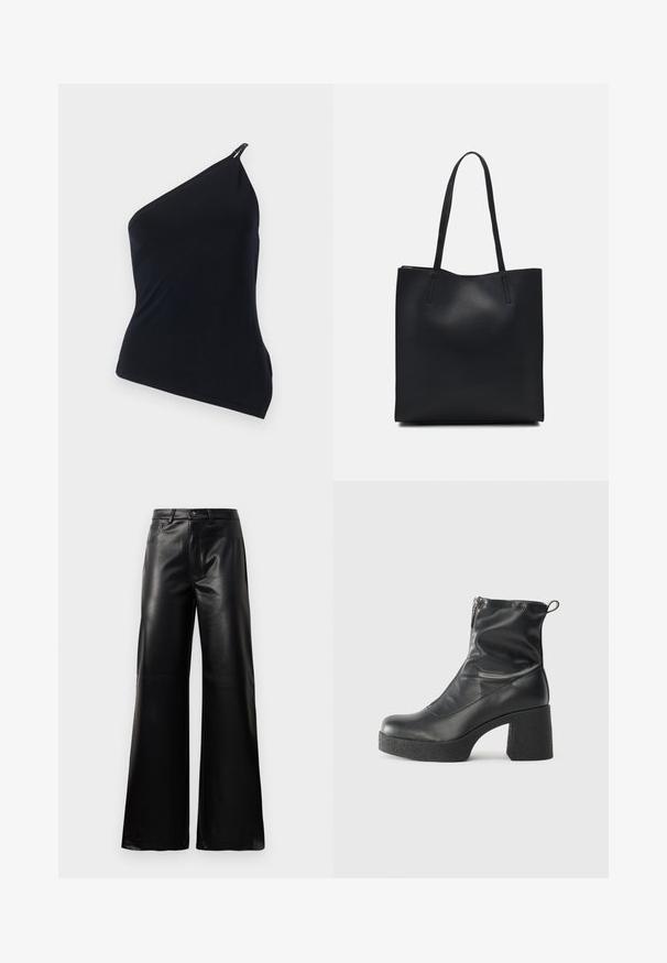 Black one-shoulder top, made of smooth fabric. Features a diagonal cut, asymmetrical design, and a metallic accent at the shoulder.; Black high-waist wide-leg faux leather pants with front button, zip closure, belt loops, and side pockets on white background.; Black ankle boots made of smooth leather, featuring a side zipper, chunky textured heel, and rounded toe design.; Black leather tote bag with smooth texture, rectangular shape, and two long handles. No visible hardware or embellishments.