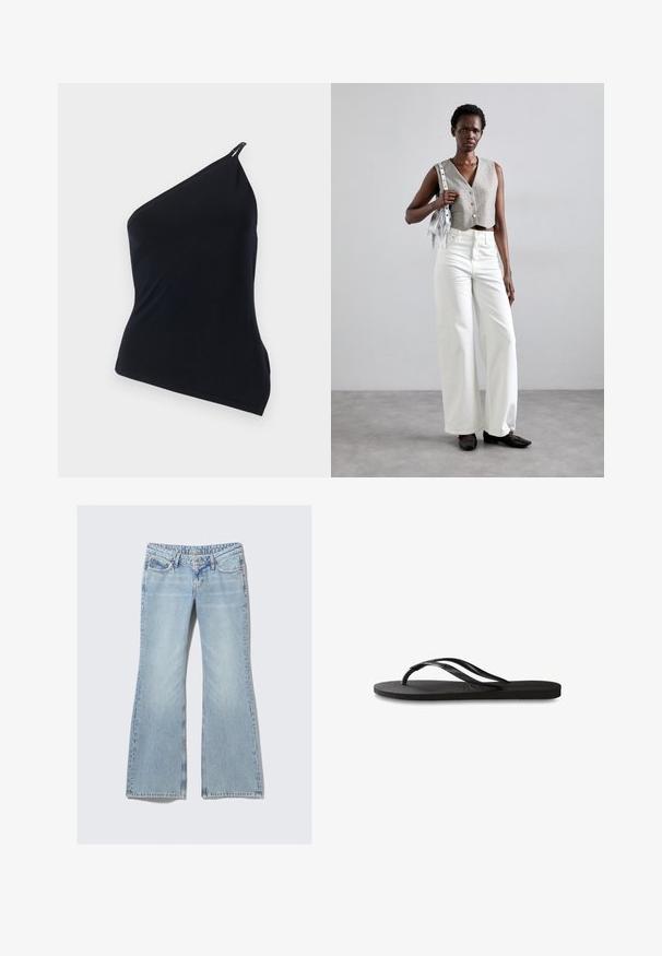 Musta yksikeltaisylinterihihaton paita, joka on valmistettu sileästä kankaasta. Siinä on viisto leikkaus, epäsymmetrinen muotoilu ja metallinen yksityiskohta olkapäällä.; Weekday NOVA - Slim fit -farkut - lip blue; Mustat flip-flopit, joissa on röpelöinen kumipohja, kaksi hoikkaa remmiä ja hillitty, kohokuvioitu logotyyli remmissä.; Harmaa lyhyt liivi napilla, yhdistettynä valkoisiin leveälahkeisiin farkkuihin ja mustiin tasapohjaisiin kenkiin. Asusteena pieni hopeinen fringelaukku.