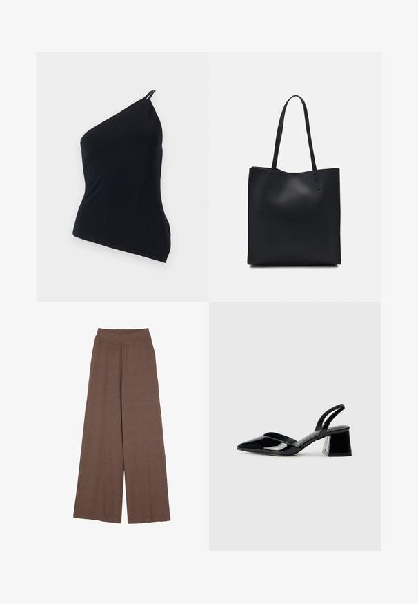 Zwarte top met één schouder, gemaakt van een gladde stof. Kenmerkt zich door een diagonale snit, asymmetrisch ontwerp en een metallic accent op de schouder.; Brede pijpen van een textuurstof met ribbels in een warme bruine kleur. Heeft een naadloze tailleband en een vloeiende silhouet.; Zwarte gepatineerde leren slingback hakken met een spitse neus en een geometrische blokhak. Kenmerkt zich door een slank, minimalistisch ontwerp en een gladde textuur.; Zwarte leren handtas met een gladde textuur, rechthoekige vorm en twee lange handvaten. Geen zichtbare hardware of versieringen.