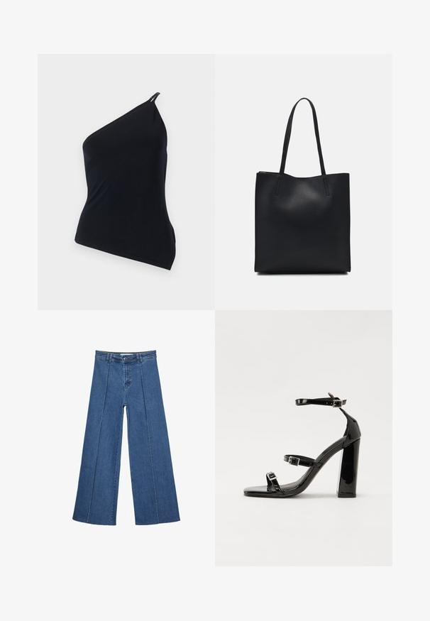 Črna top s počasnim ramenskim trakom, izdelan iz gladkega materiala. Ima diagonalni rez, asimetrično zasnovo in kovinski detalj na rami.; Jeans širokih nogavic v srednji modri barvi, z visokim pasom, gumbom in kontrastnimi navpičnimi šivi spredaj.; Črne lakirane sandale s peto, kvadratnim prstom, trakovi okrog gležnja in srebrnimi zaponkami. Opremljene so s stabilno Debelo peto.; Črna usnjena torba s svilnato teksturo, pravokotne oblike in dvema dolgima ročajema. Brez vidnih metalnih delov ali okrasnih elementov.