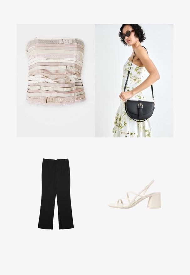 Bezramieniowy fason w odcieniach beżu, z poziomymi paskami materiału o różnych fakturach, akcentami koronkowymi oraz regulowanym zapięciem na górze.; Czarne spodnie o prostym kroju, z przednimi kieszeniami i bocznymi rozcięciami na dole. Wykonane z miękkiego, gładkiego materiału. Odpowiednie na różne okazje.; Beżowe sandały na obcasie z cienkimi, krzyżującymi się paskami, otwartym palcem i kwadratowym klockiem. Gładkie wykończenie z lakierowanej skóry, regulowany pasek na kostkę.; Czarna skórzana torebka o zakrzywionym kształcie, z odpinanym paskiem i złotymi akcentami. Torebka posiada klapę z zapięciem w kształcie klamry.