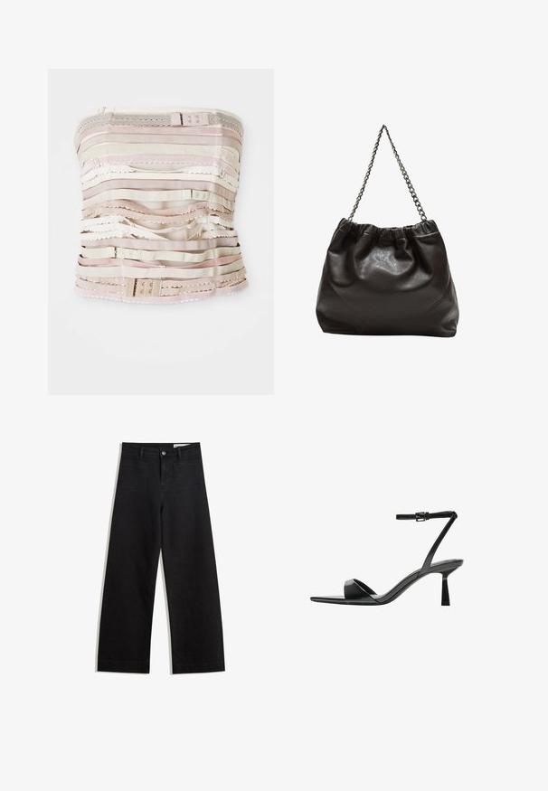 Bodice senza spalline in tonalità beige, caratterizzato da strisce di tessuto orizzontali con varie texture, dettagli in pizzo e hardware regolabile nella parte superiore.; Pantaloni in denim neri a gamba larga con vita alta, dotati di tasche anteriori e posteriori, cuciture a punto, e chiusura con bottone. Texture liscia.; Bershka Sandali con tacco - black; Borsa in pelle marrone con parte superiore arricciata e tracolla a catena. Texture liscia con finitura lucida e dettagli di cucitura sottili sui lati.