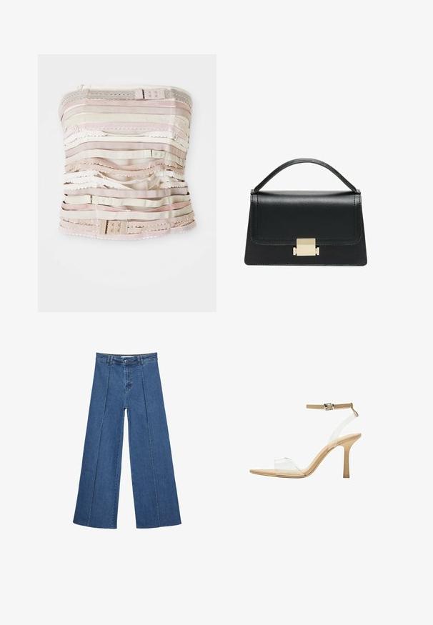 Béžový korzet bez ramienok, ktorý obsahuje horizontálne látkové prúžky s rôznymi textúrami, čipkované akcenty a nastaviteľné kovové prvky na vrchu.; Rovné džínsy s širokými nohavicami v strednom modrom odtieni, so zvýšeným pásom, zapínaním na gombík a kontrastnými vertikálnymi švami pozdĺž prednej strany.; Priehľadné sandále na vysokom podpätku s transparentným zvrškom, béžovou stielkou a štíhlym remienkom na členku. Majú špicatú špičku a tenký vysoký podpätok.; Čierna kožená kabelka so štruktúrovaným prevedením, horným madlom a detailom zlatého kovového uzáveru na prednej strane. Hladká textura, minimálne šitie.